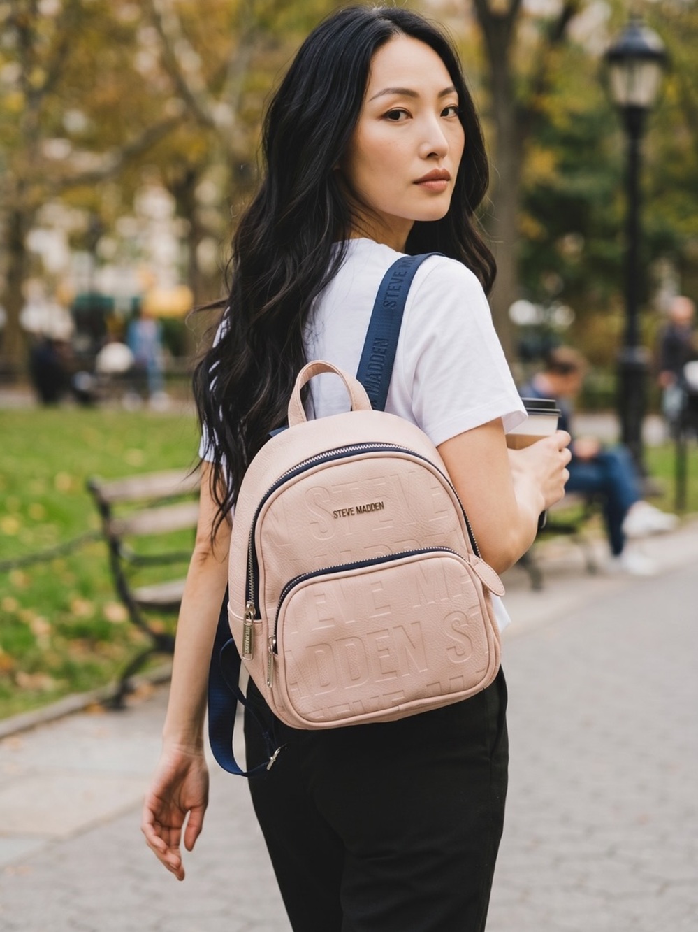 Steve Madden Blush Mini Backpack with Navy Straps